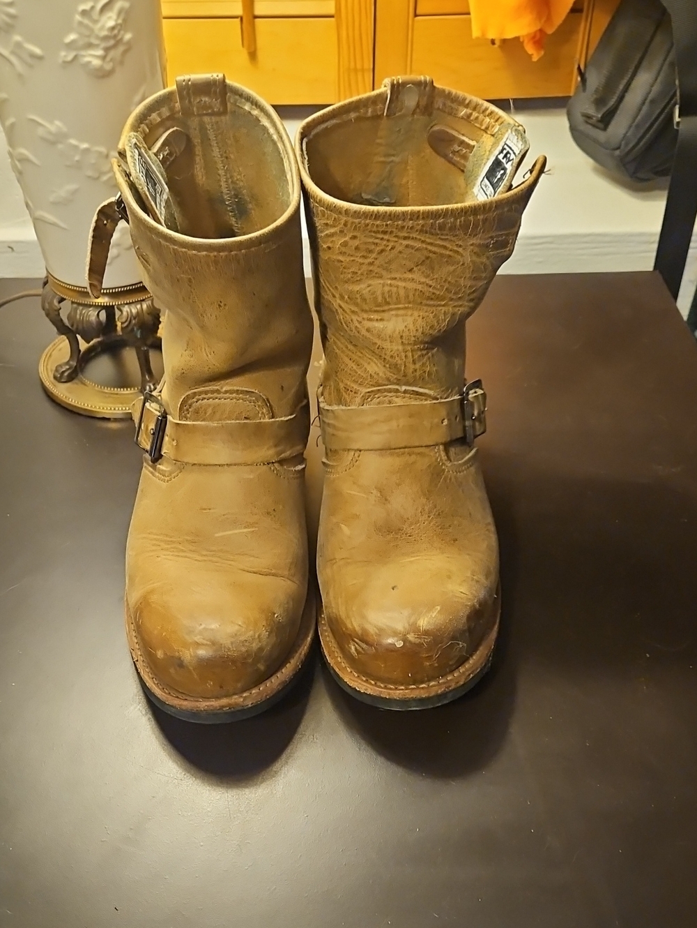 Frye Tan Leather Harness Ankle Boots